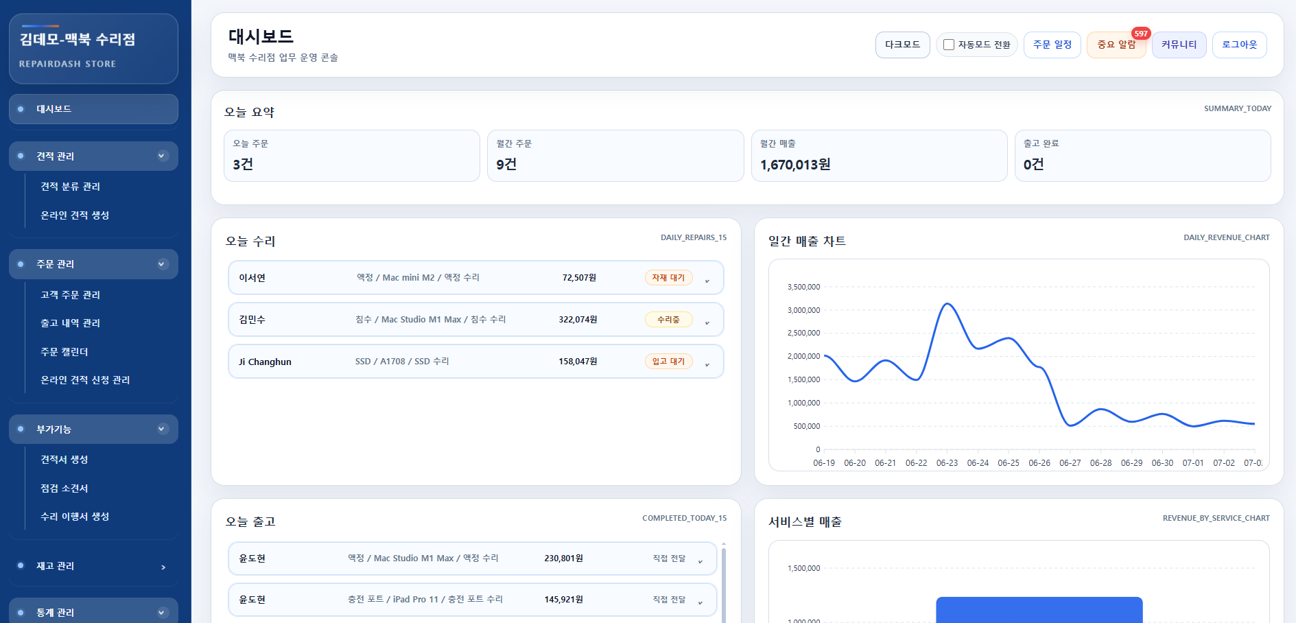RepairDash 대시보드 화면